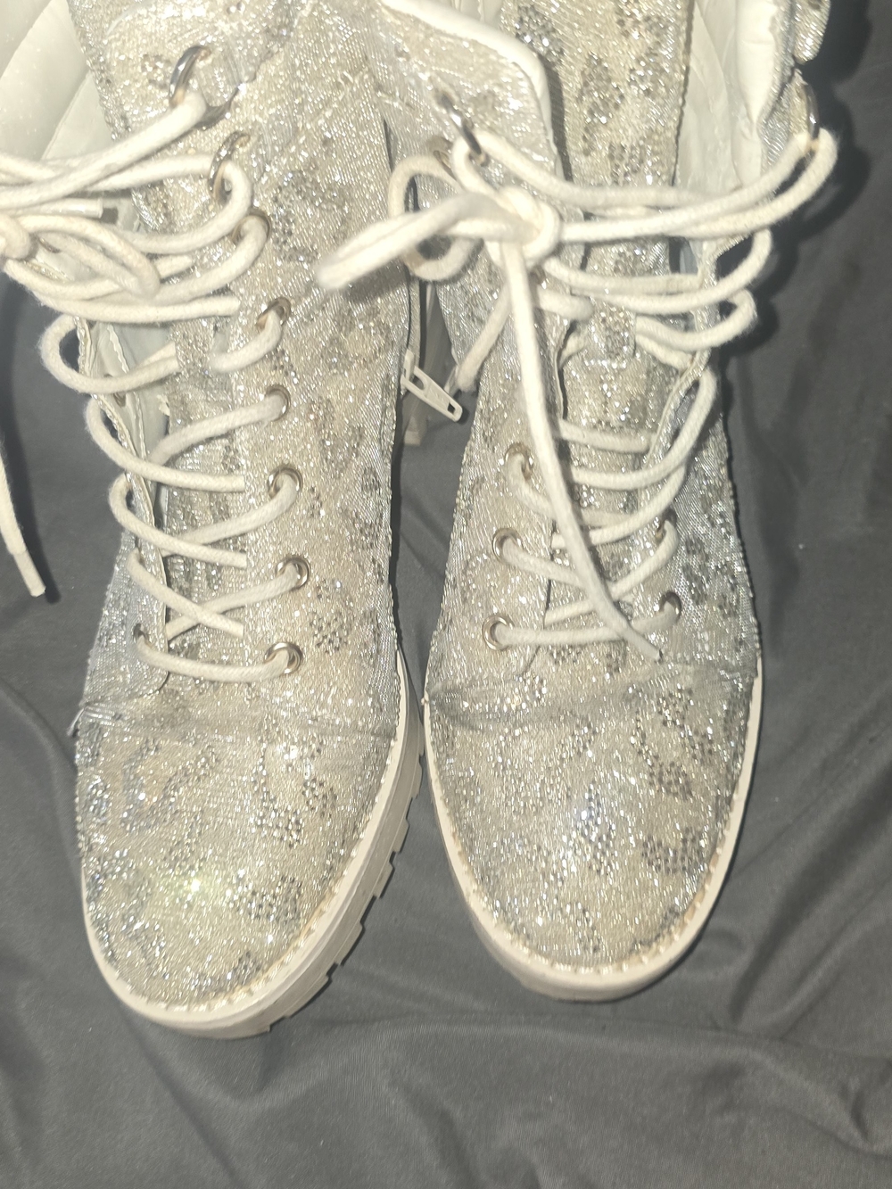 Gianni Bini Women's Cream Glitter Lace-Up Combat Boots - Picture 4 of 4